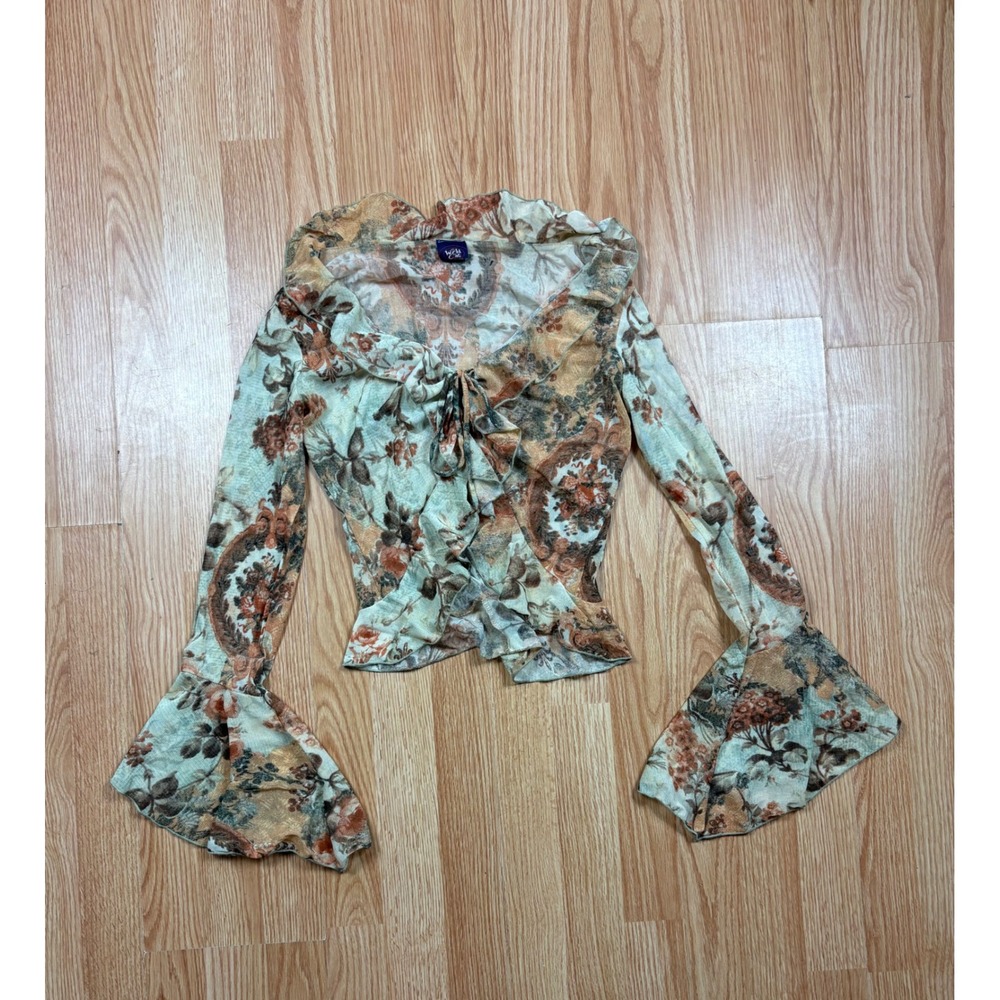 Wild Cat Floral Paisley Mesh Ruffle Top Bell Sleeve Y2K V-Neck BS1666 Medium